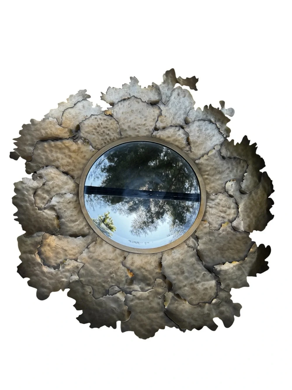 Anthropologie 32” Gold Floral Leaf Wall Mirror Hammered Metal Round Decor